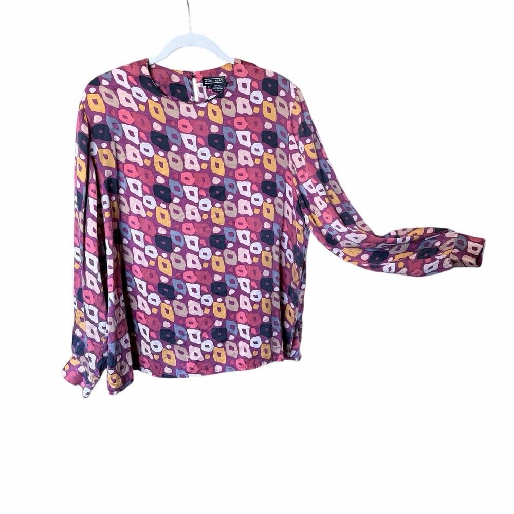 Vintage Ann may 100% silk long sleeve blouse maroon geometric print Hong Kong L